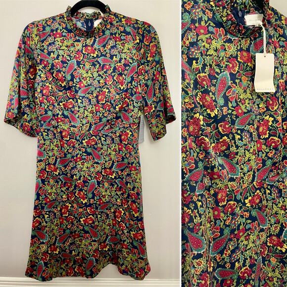 NWT Nordstrom Melloday Paisley Retro High Ruffle Neck Zip Up‎ Satin Dress S - Picture 1 of 8